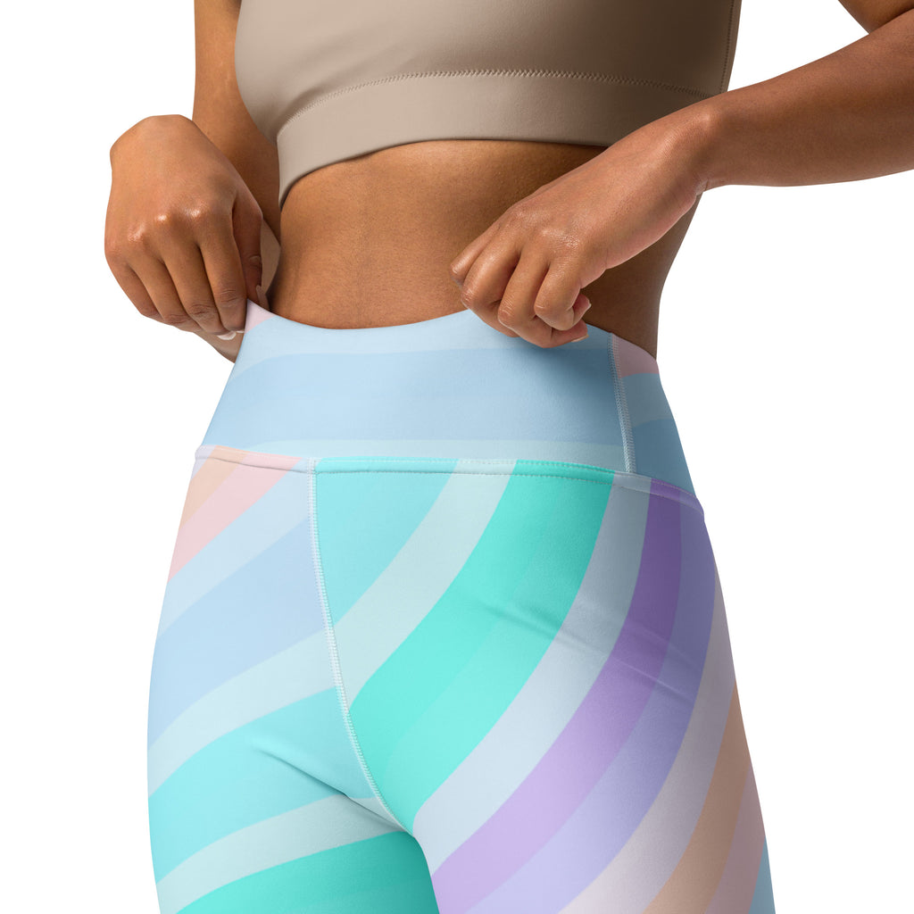 Women's Pastel Blue Rainbow Striped Buttery Soft Yoga Leggings - Quick Drying, High Waisted Comfort