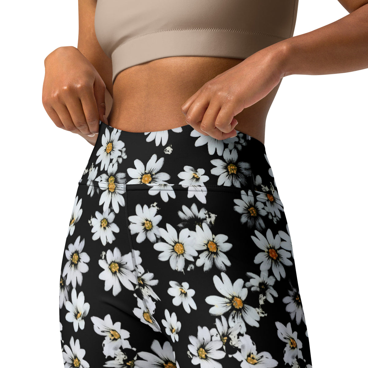Women's Black Daisy Floral Buttery Soft Yoga Leggings - Quick Drying, High Waisted Comfort