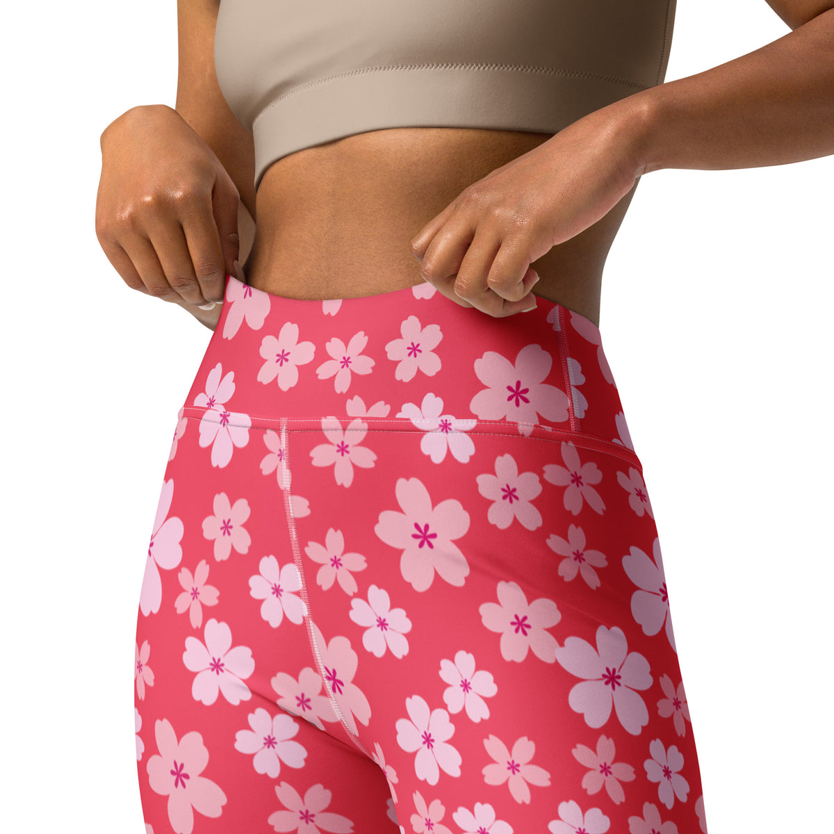 Women's Bright Pink Cherry Blossom Buttery Soft Yoga Leggings - Quick Drying, High Waisted Comfort