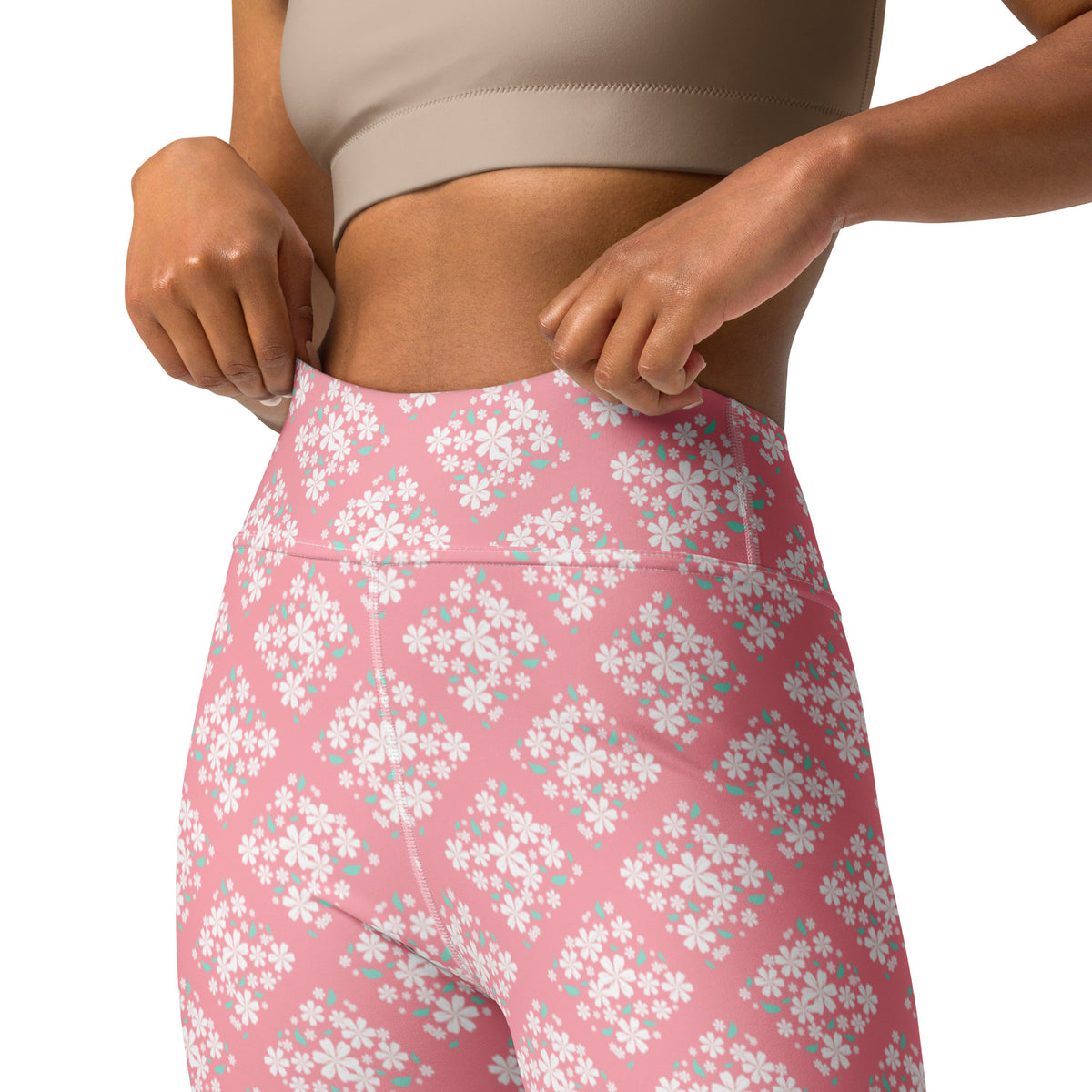 Women's Pink Floral Diamond Buttery Soft Yoga Leggings - Quick Drying, High Waisted Comfort