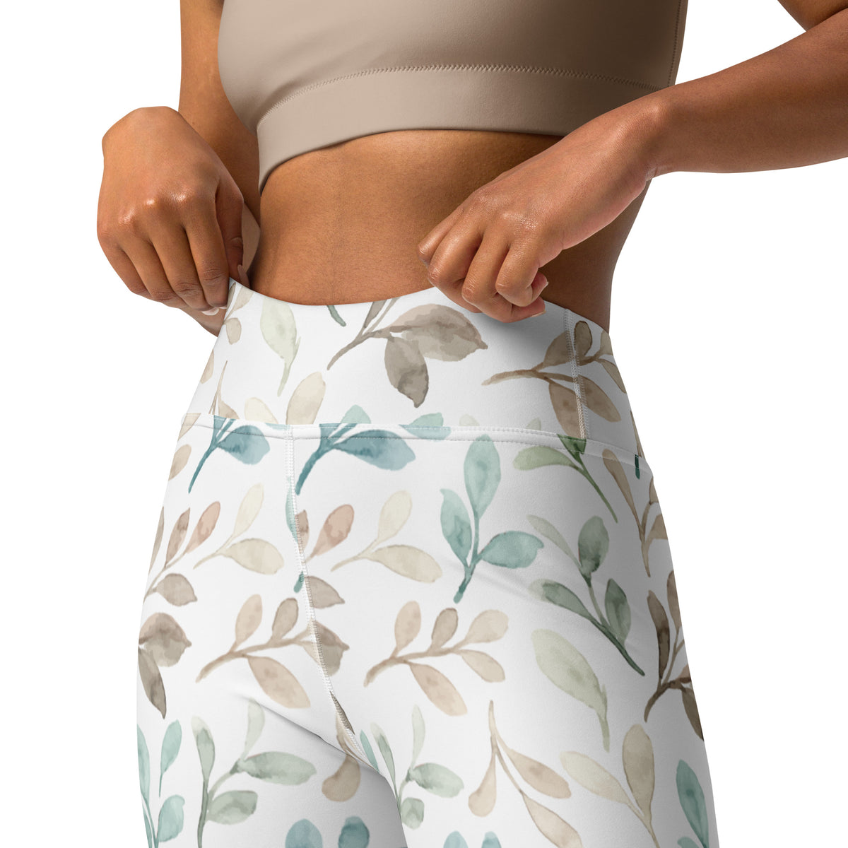 Women's Watercolor Leaf Buttery Soft Yoga Leggings - Quick Drying, High Waisted Comfort