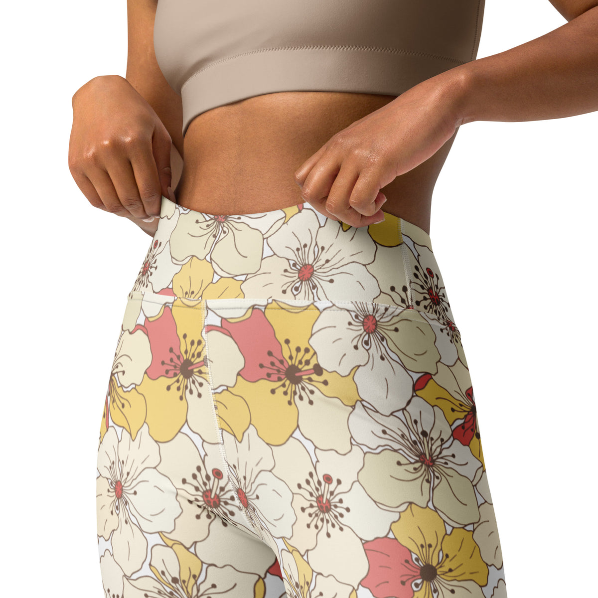 Women's Vintage Cream Floral Buttery Soft Yoga Leggings - Quick Drying, High Waisted Comfort