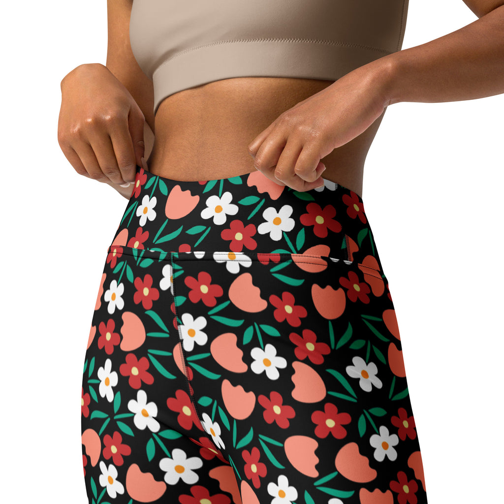 Women's Coral Red Floral Buttery Soft Yoga Leggings - Quick Drying, High Waisted Comfort