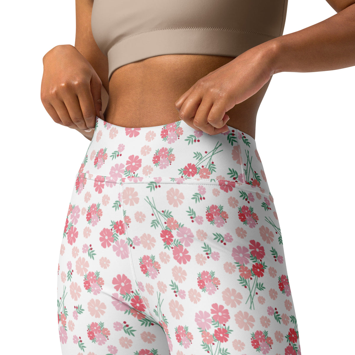 Women's Pink Botanical Buttery Soft Yoga Leggings - Quick Drying, High Waisted Comfort
