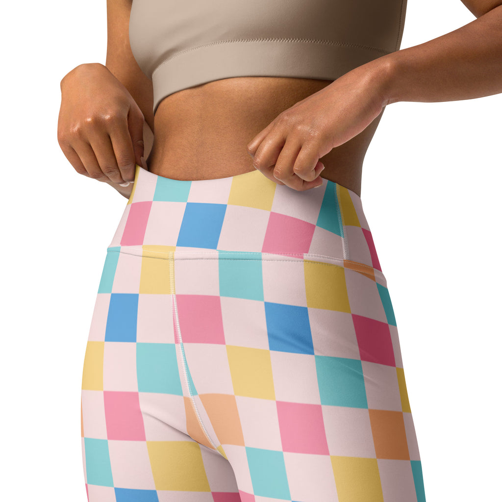 Women's Colorful Pastel Checkered Buttery Soft Yoga Leggings - Quick Drying, High Waisted Comfort