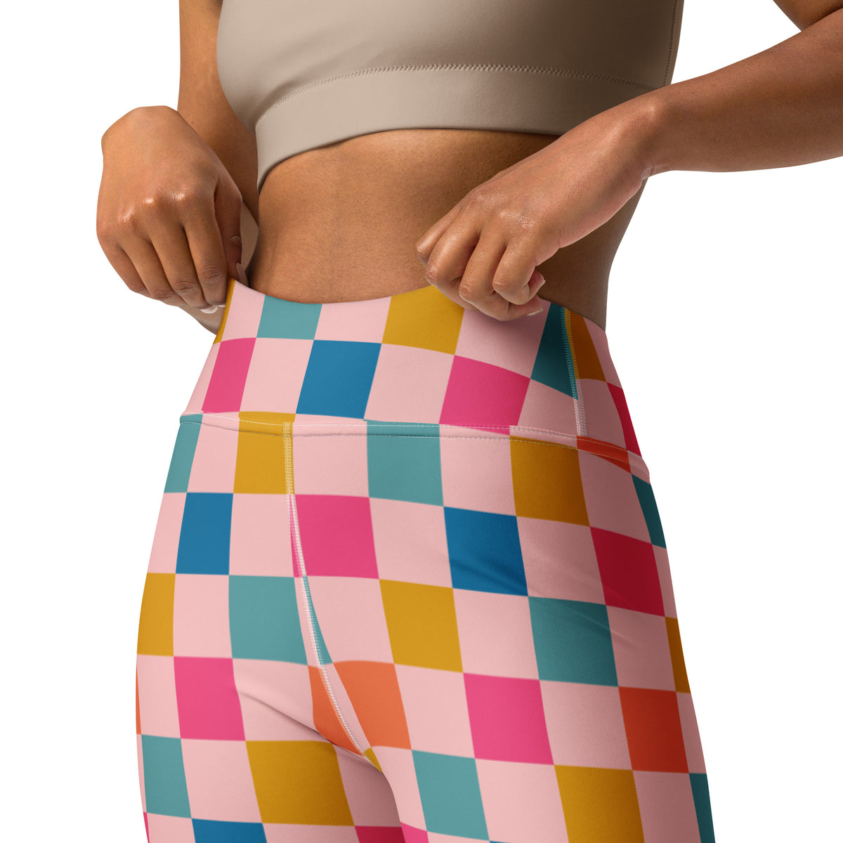 Women's Colorful Pink Checkered Buttery Soft Yoga Leggings - Quick Drying, High Waisted Comfort