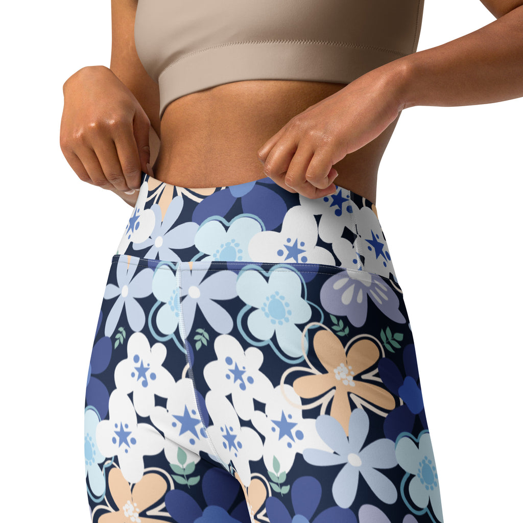 Women's Navy Blue Flowers Buttery Soft Yoga Leggings - Quick Drying, High Waisted Comfort