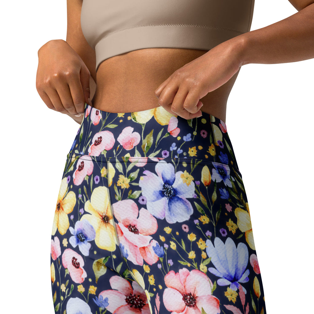 Women's Navy Watercolor Floral Buttery Soft Yoga Leggings - Quick Drying, High Waisted Comfort