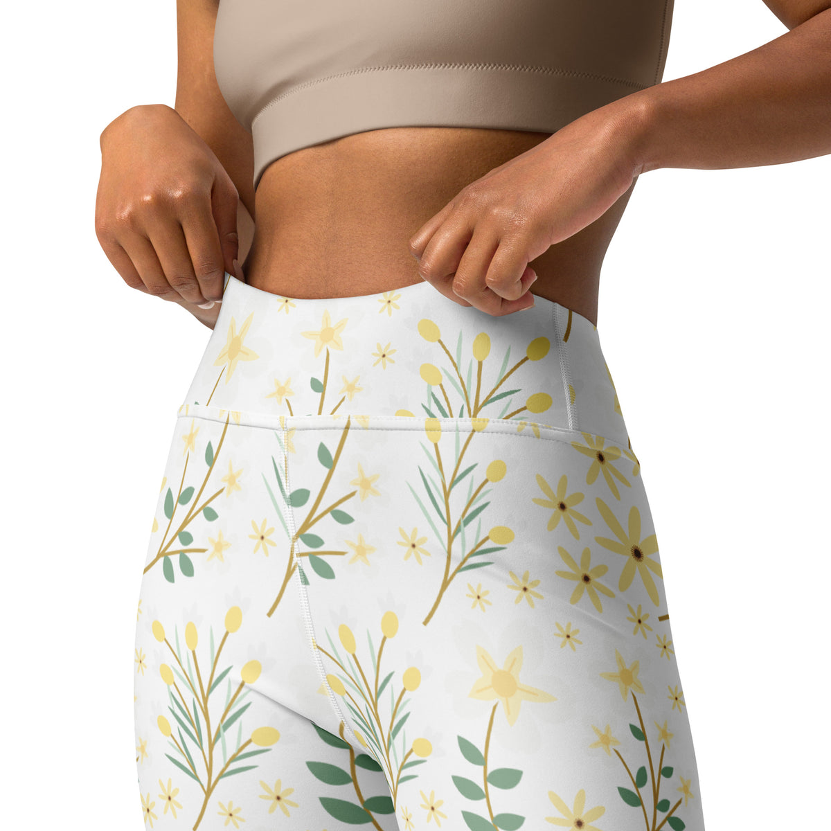 Women's Yellow Wildflower Buttery Soft Yoga Leggings - Quick Drying, High Waisted Comfort