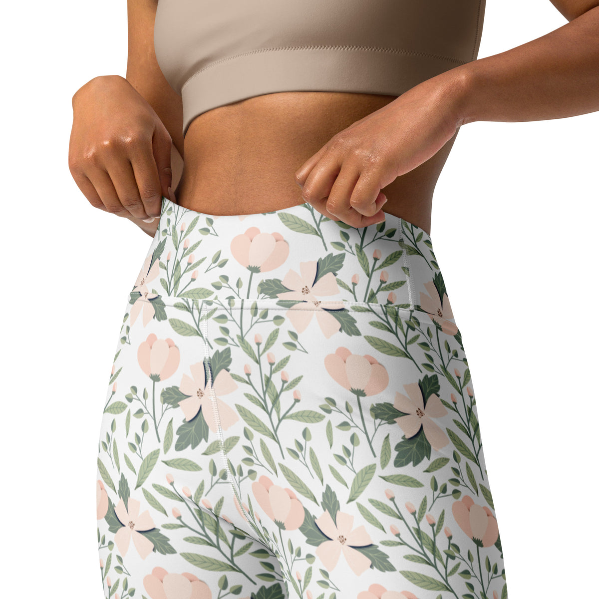 Women's Blush Pink Floral Buttery Soft Yoga Leggings - Quick Drying, High Waisted Comfort