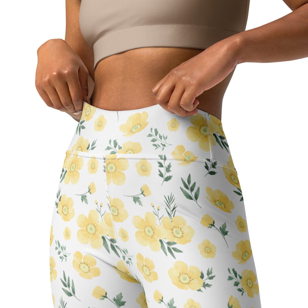 Women's Yellow Wildflower Buttery Soft Yoga Leggings - Quick Drying, High Waisted Comfort