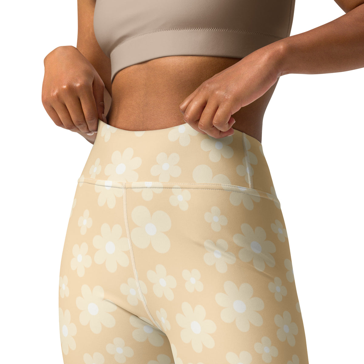 Women's Beige Daisy Buttery Soft Yoga Leggings - Quick Drying, High Waisted Comfort