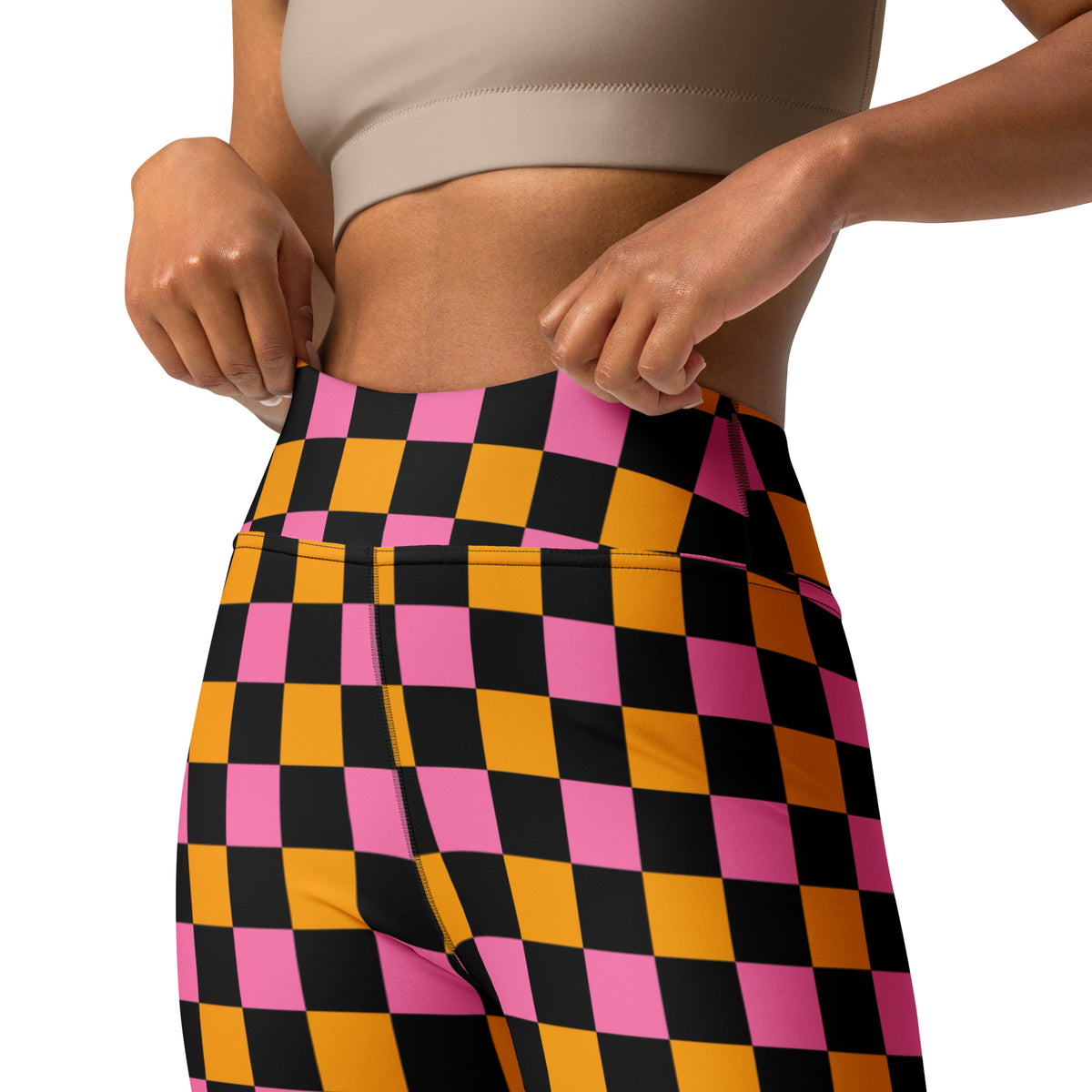 Women's Pink Orange Black Checkered Halloween Buttery Soft Yoga Leggings - Quick Drying, High Waisted Comfort