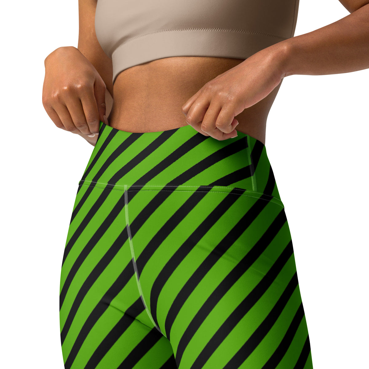 Women's Green Black Striped Halloween Buttery Soft Yoga Leggings - Quick Drying, High Waisted Comfort