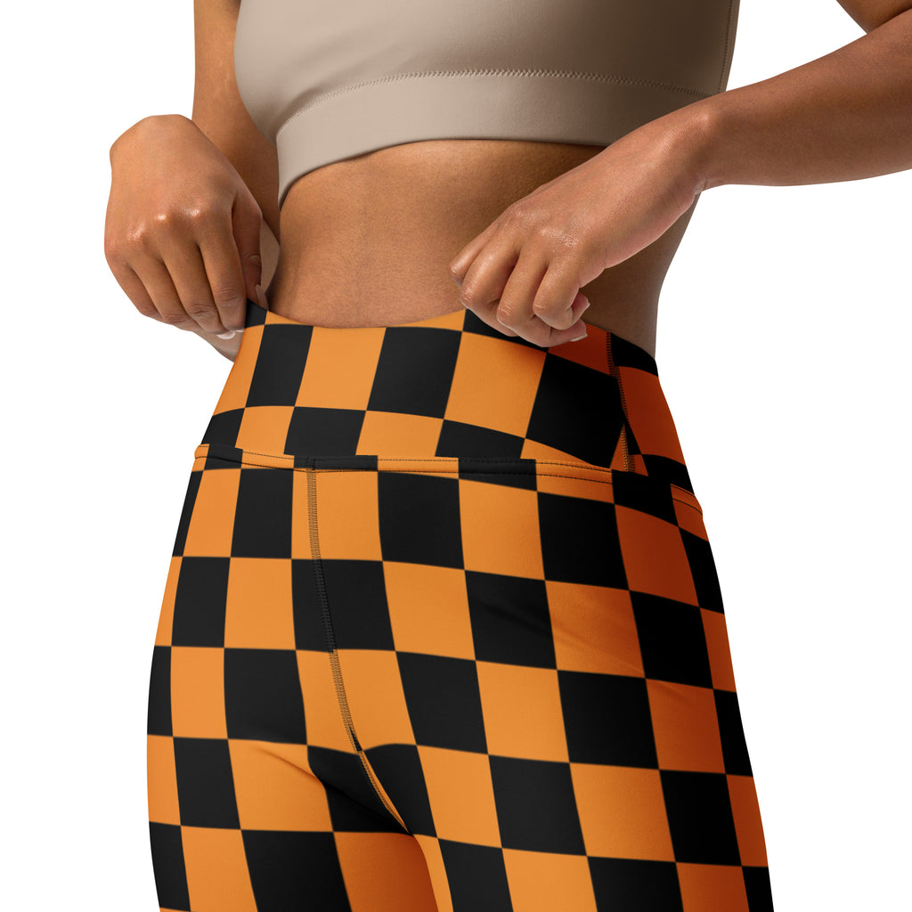 Women's Orange & Black Checkered Halloween Buttery Soft Yoga Leggings - Quick Drying, High Waisted Comfort