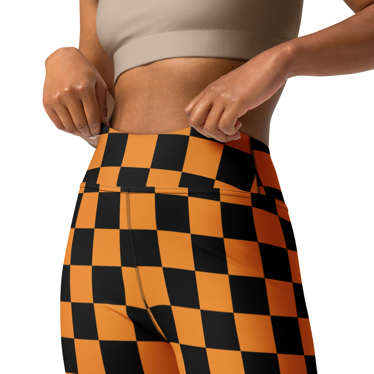 Women's Orange & Black Checkered Halloween Buttery Soft Yoga Leggings - Quick Drying, High Waisted Comfort