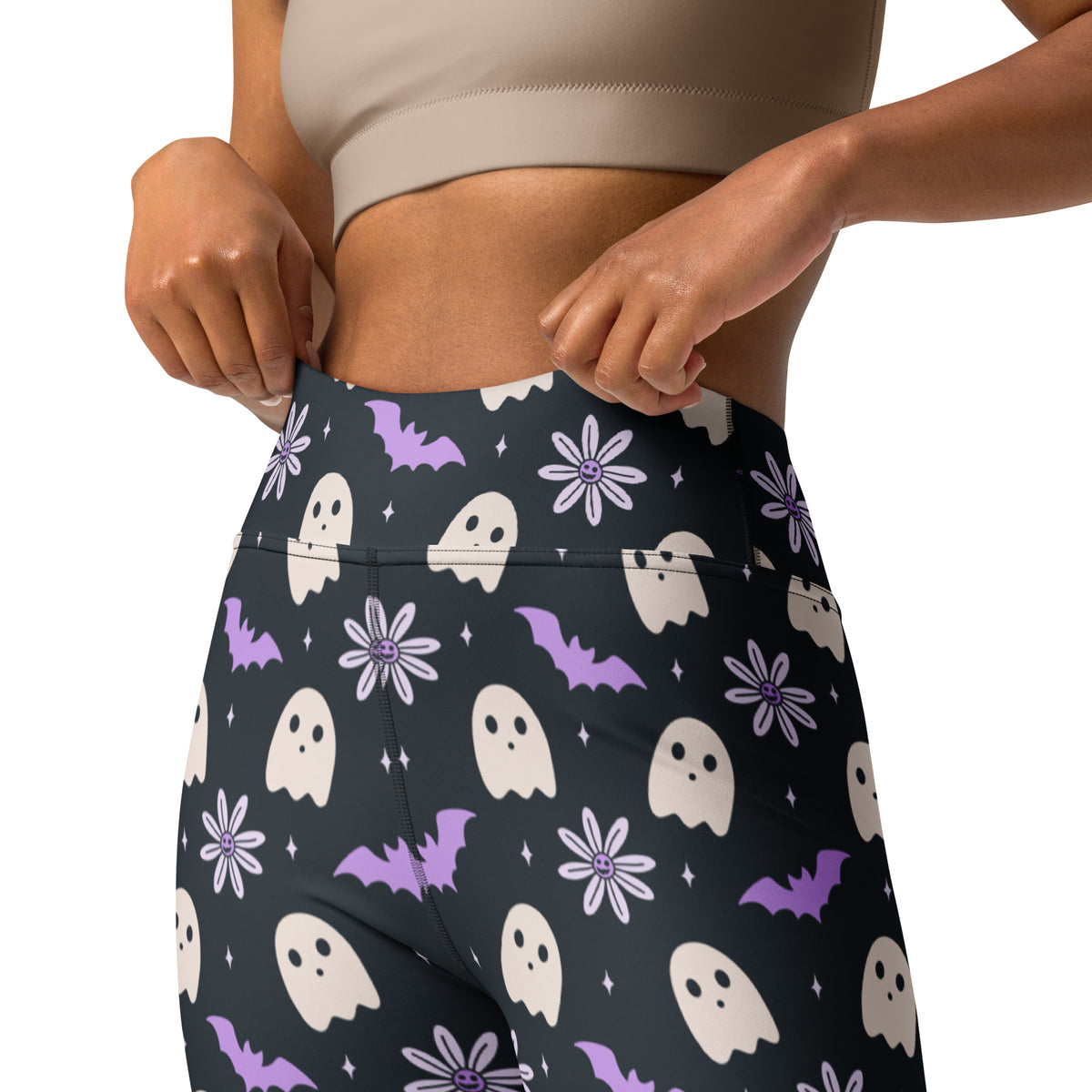 Women's Purple Floral Ghost Halloween Buttery Soft Yoga Leggings - Quick Drying, High Waisted Comfort