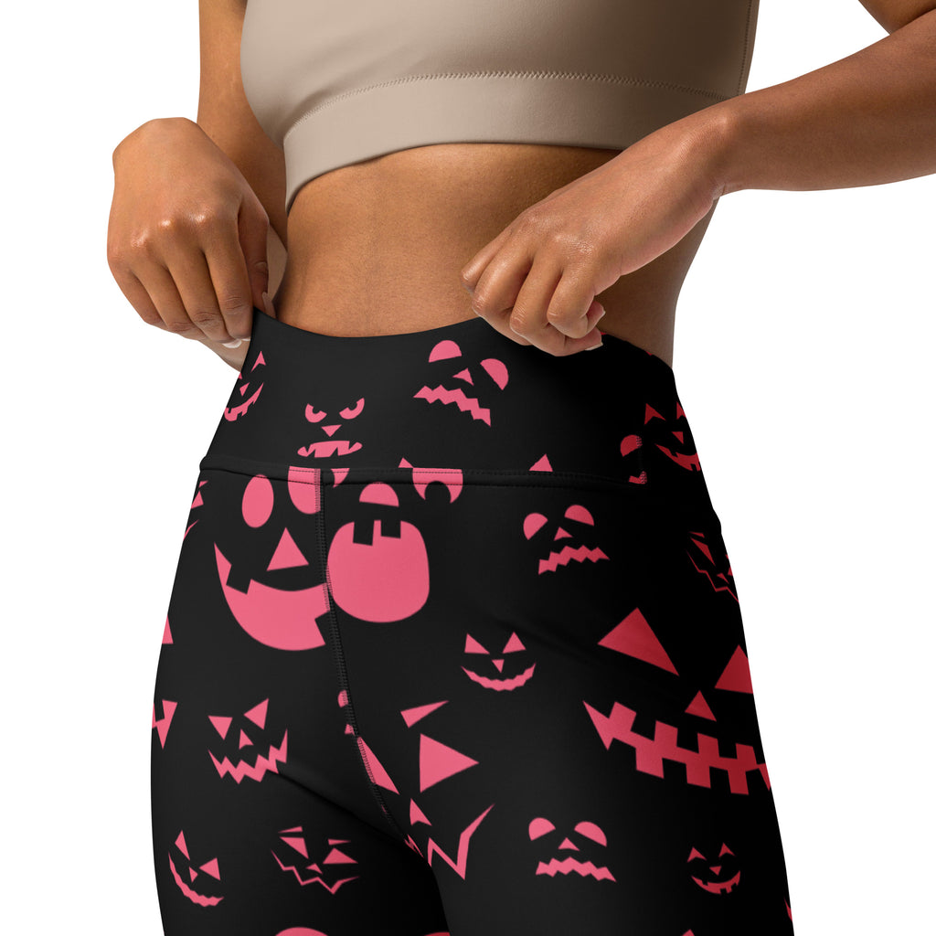 Women's Pink Jack-O'-Lantern Faces Halloween Buttery Soft Yoga Leggings - Quick Drying, High Waisted Comfort
