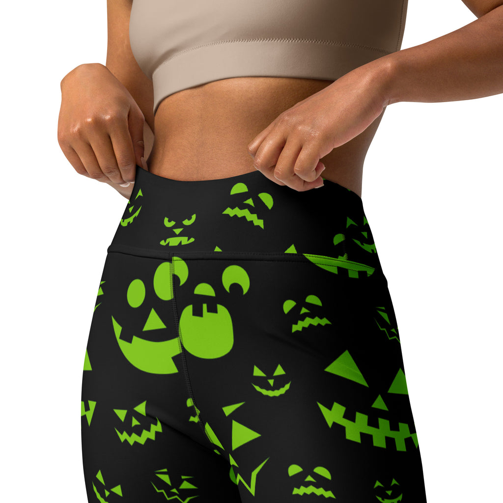 Women's Green Jack-O'-Lantern Faces Halloween Buttery Soft Yoga Leggings - Quick Drying, High Waisted Comfort