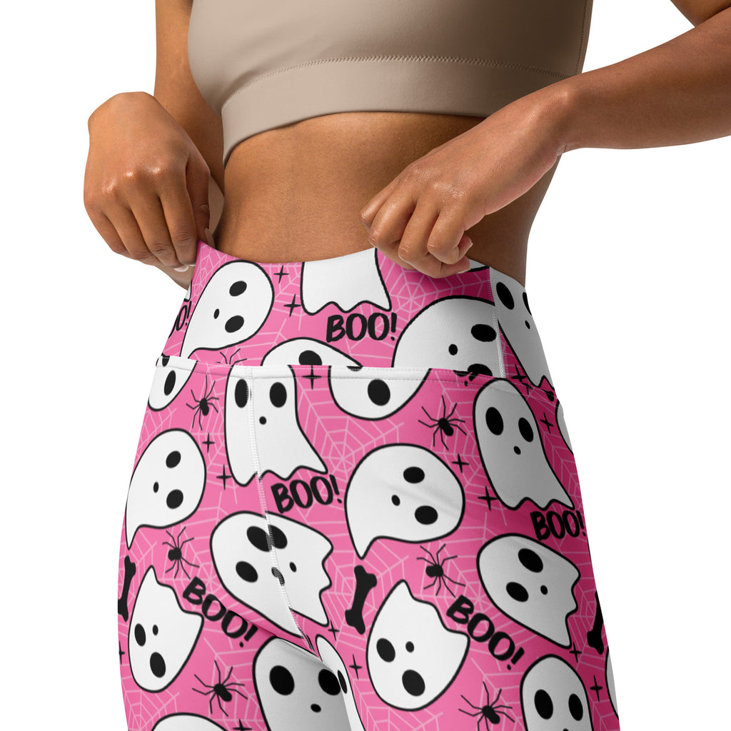 Women's Pink Ghost Halloween Themed Buttery Soft Yoga Leggings - Quick Drying, High Waisted Comfort