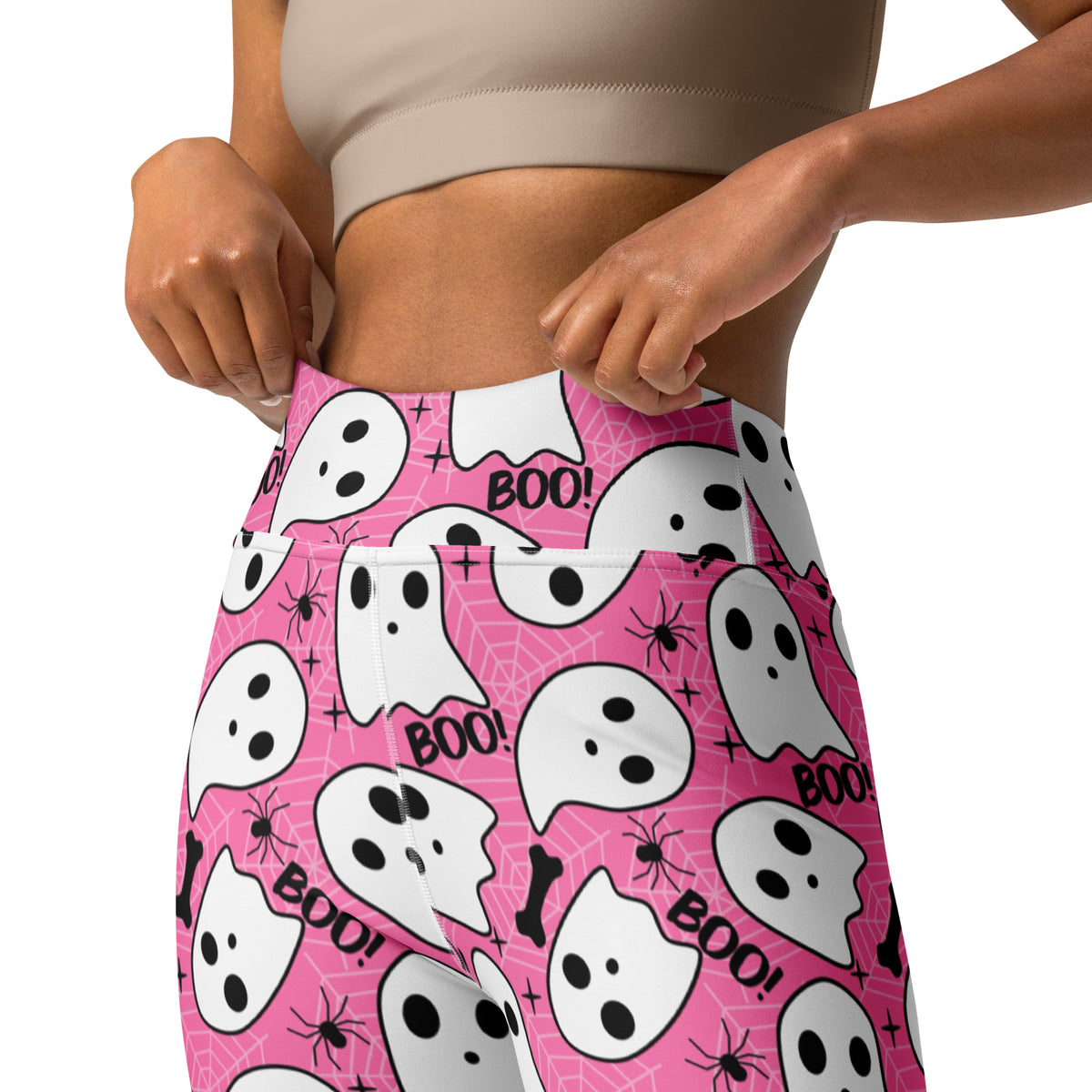 Women's Pink Ghost Halloween Themed Buttery Soft Yoga Leggings - Quick Drying, High Waisted Comfort