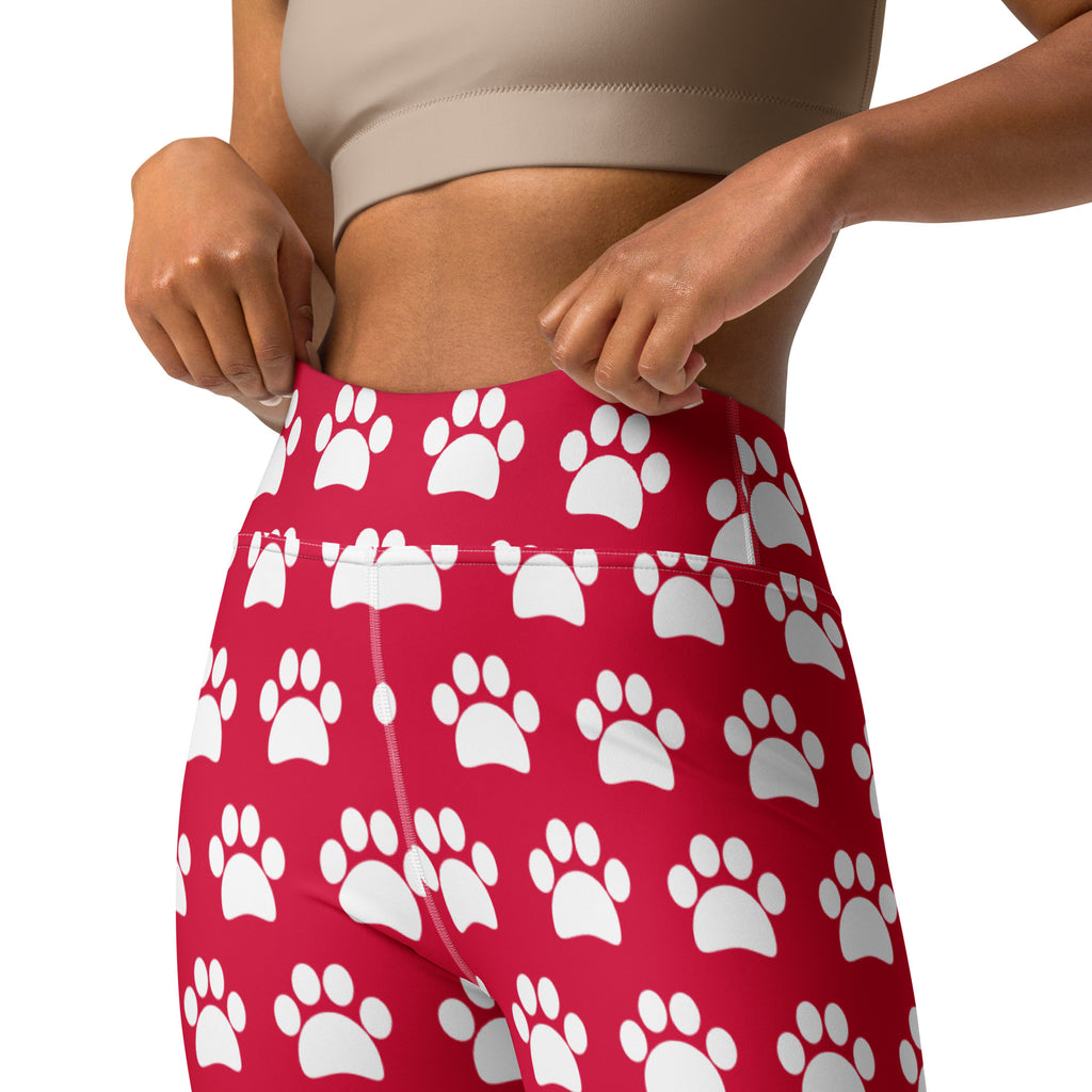 Women's Crimson Red Paw Print Buttery Soft Yoga Leggings - Quick Drying, High Waisted Comfort
