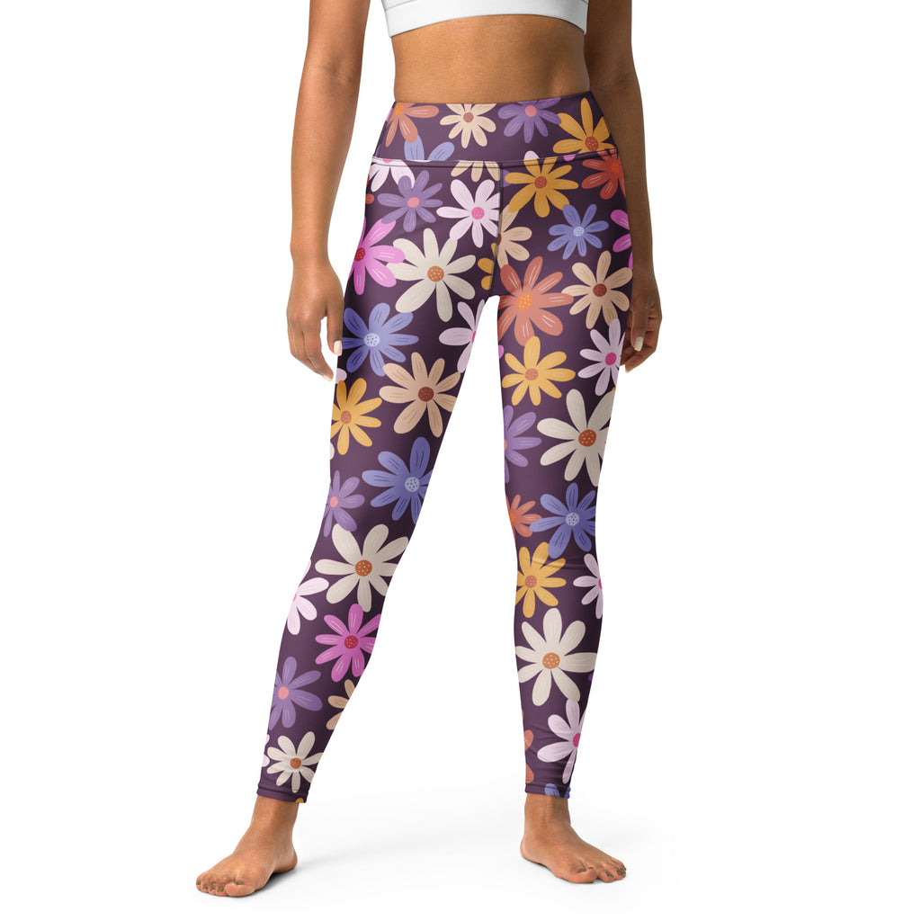 Women’s purple retro flower buttery soft high-waisted yoga leggings with vibrant multicolored daisy pattern