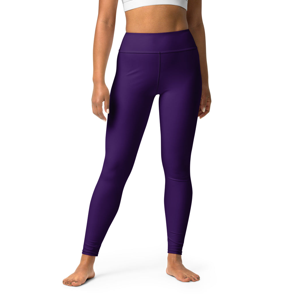 Women’s dark purple buttery soft yoga leggings made of smooth form-fitting stretch fabric shown from the back side