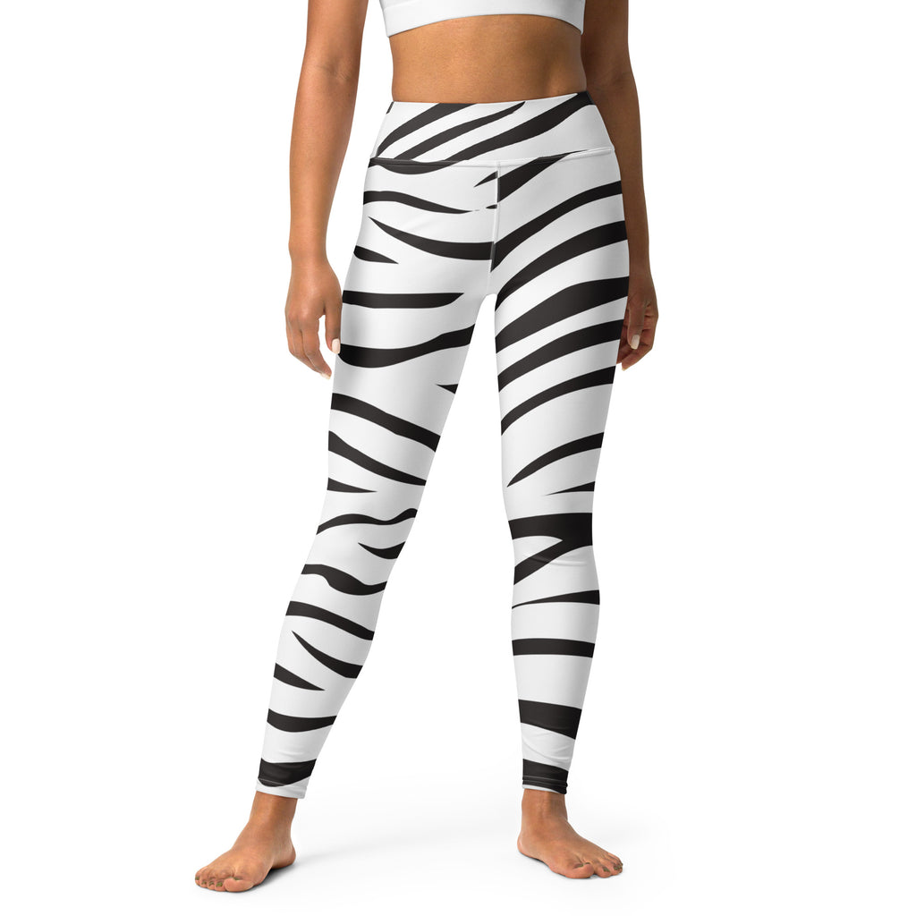 Women’s black and white zebra print high waisted buttery soft yoga leggings shown from the back side