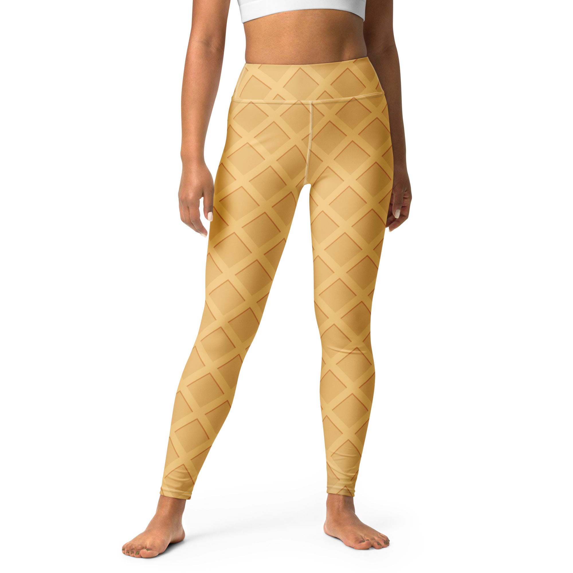 Women’s waffle cone buttery soft yoga leggings in golden-yellow with ice cream cone pattern and high-waisted fit