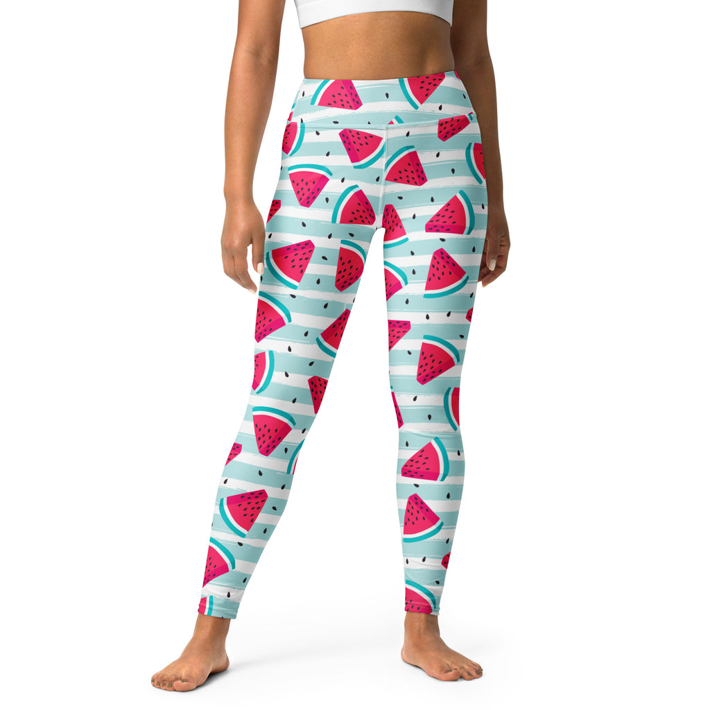 Women’s watermelon print buttery soft yoga leggings in vibrant pink and teal with high-waisted fit