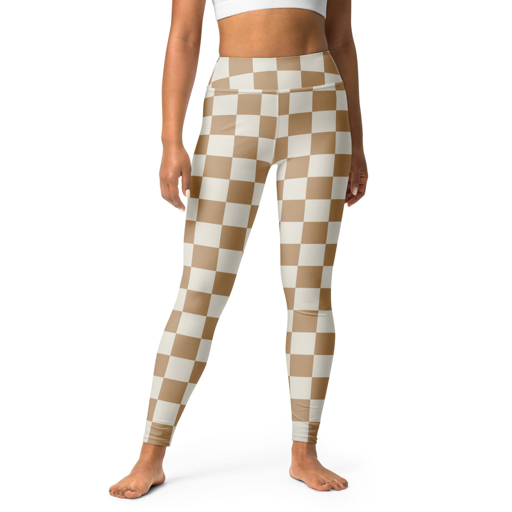 Women’s tan checkerboard buttery soft high-waisted leggings in beige and white perfect for yoga and casual wear