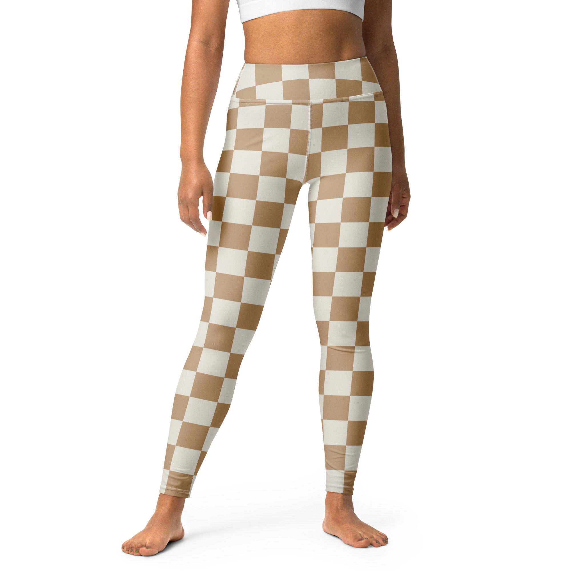 Women’s tan checkerboard buttery soft high-waisted leggings in beige and white perfect for yoga and casual wear