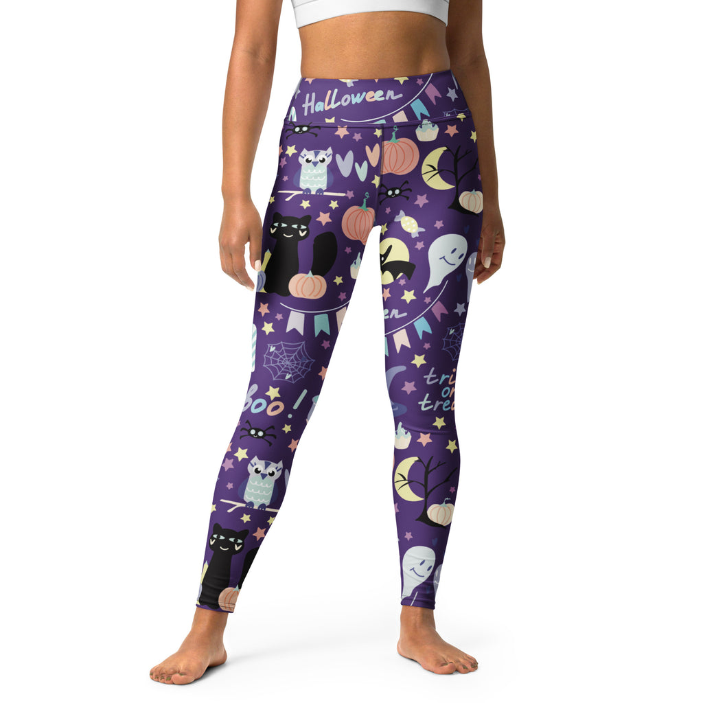Women’s spooky halloween buttery soft purple high-waisted leggings with cartoon cats ghosts pumpkins and stars design