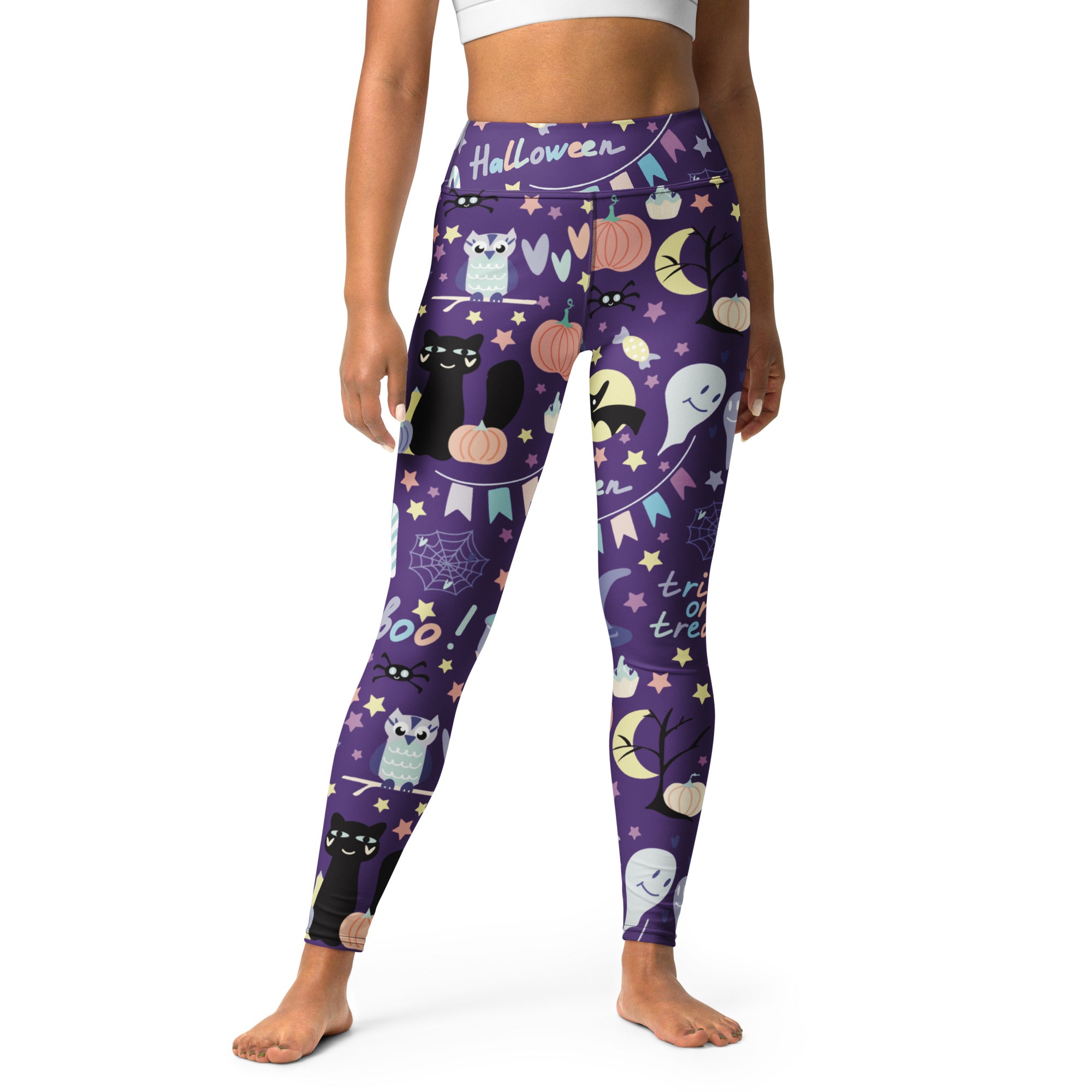 Women’s spooky halloween buttery soft purple high-waisted leggings with cartoon cats ghosts pumpkins and stars design
