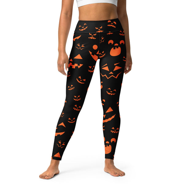 Women’s black high-waisted buttery soft yoga leggings with vibrant orange jack-o-lantern and bat halloween pattern