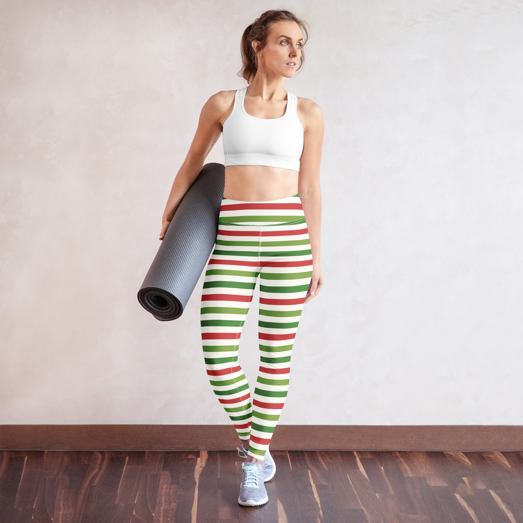Women’s striped christmas buttery soft yoga leggings with red and green high-waisted stretchy athletic fabric