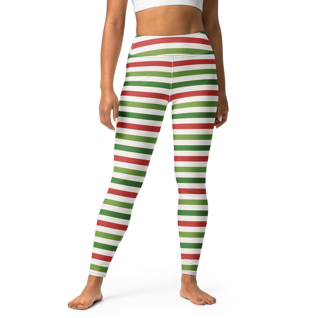 Women’s high-waisted buttery soft yoga leggings with red and green stripes on a white base for christmas wear