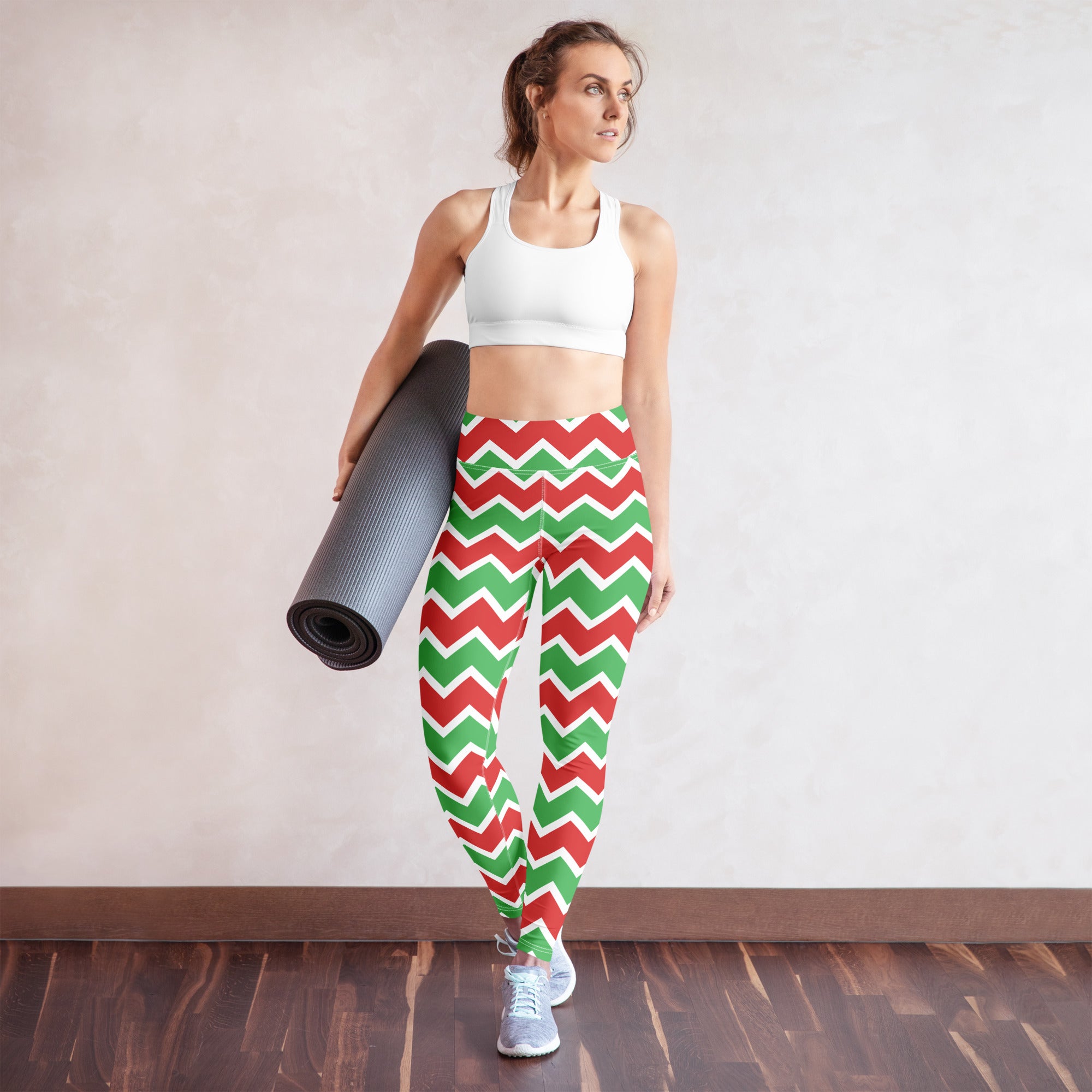 Women’s high-waisted chevron christmas leggings in red and green buttery soft fabric for yoga and comfort