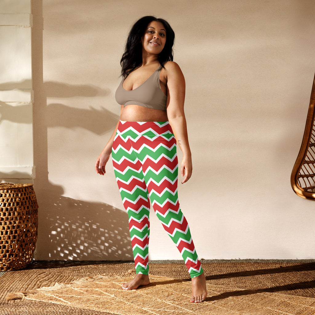 Women’s buttery soft yoga leggings in red and green chevron pattern perfect for christmas workouts