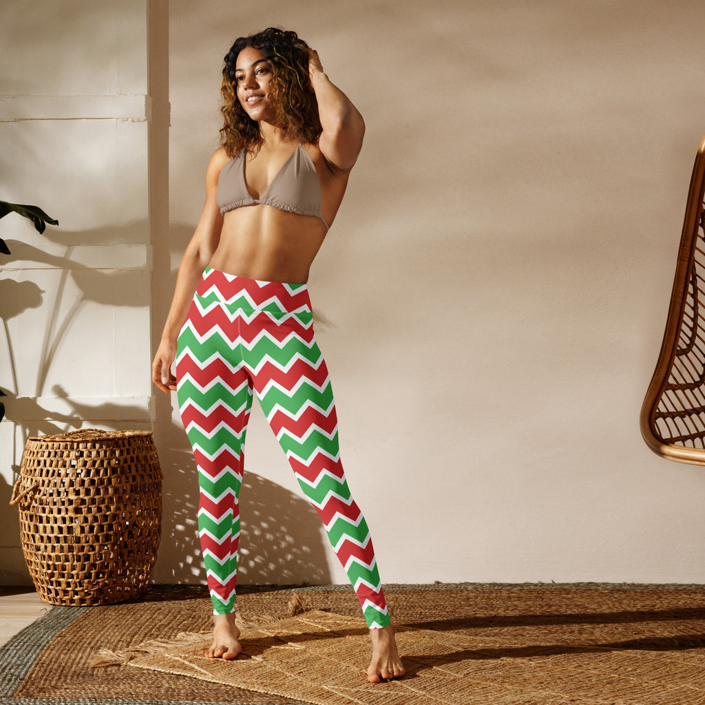 Women’s chevron Christmas high-waisted leggings in red and green buttery soft fabric for yoga and festive wear