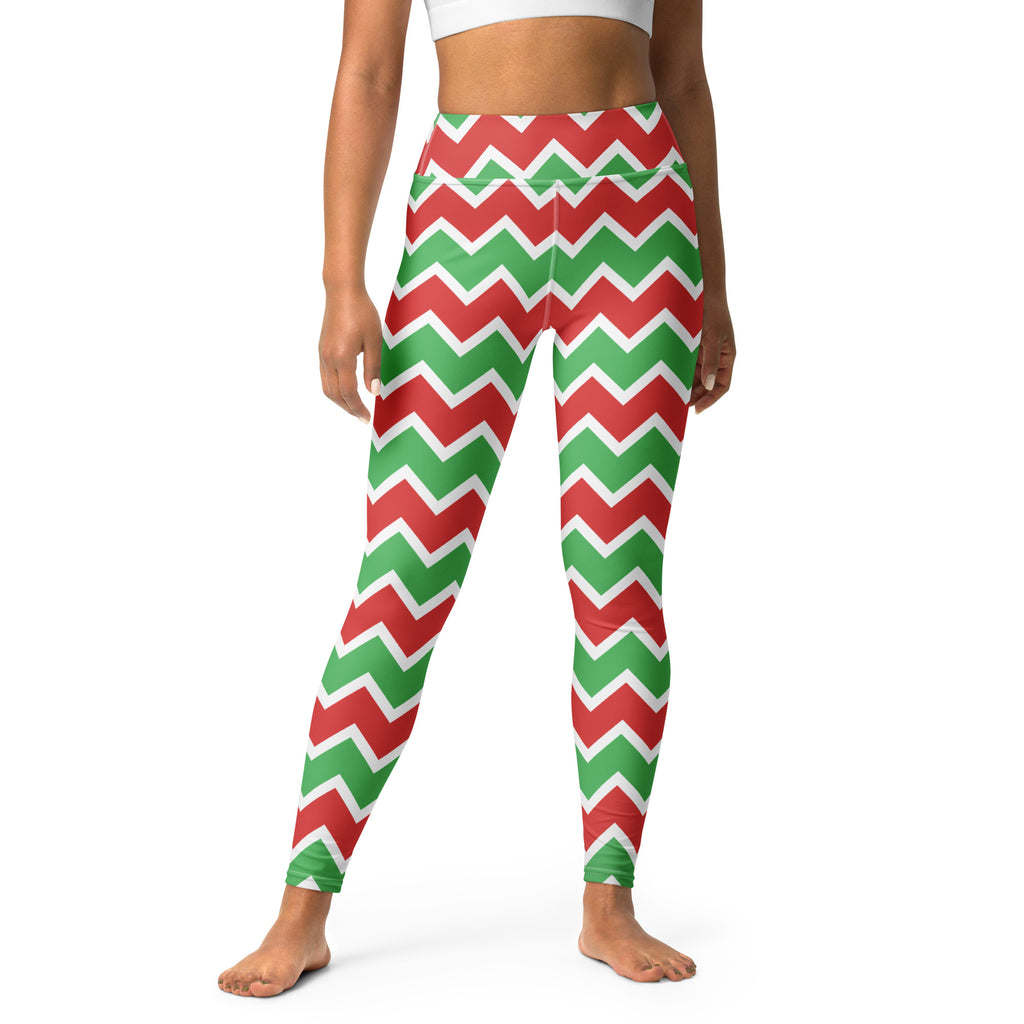 Women’s chevron christmas buttery soft high-waisted yoga leggings in red and green patterned design