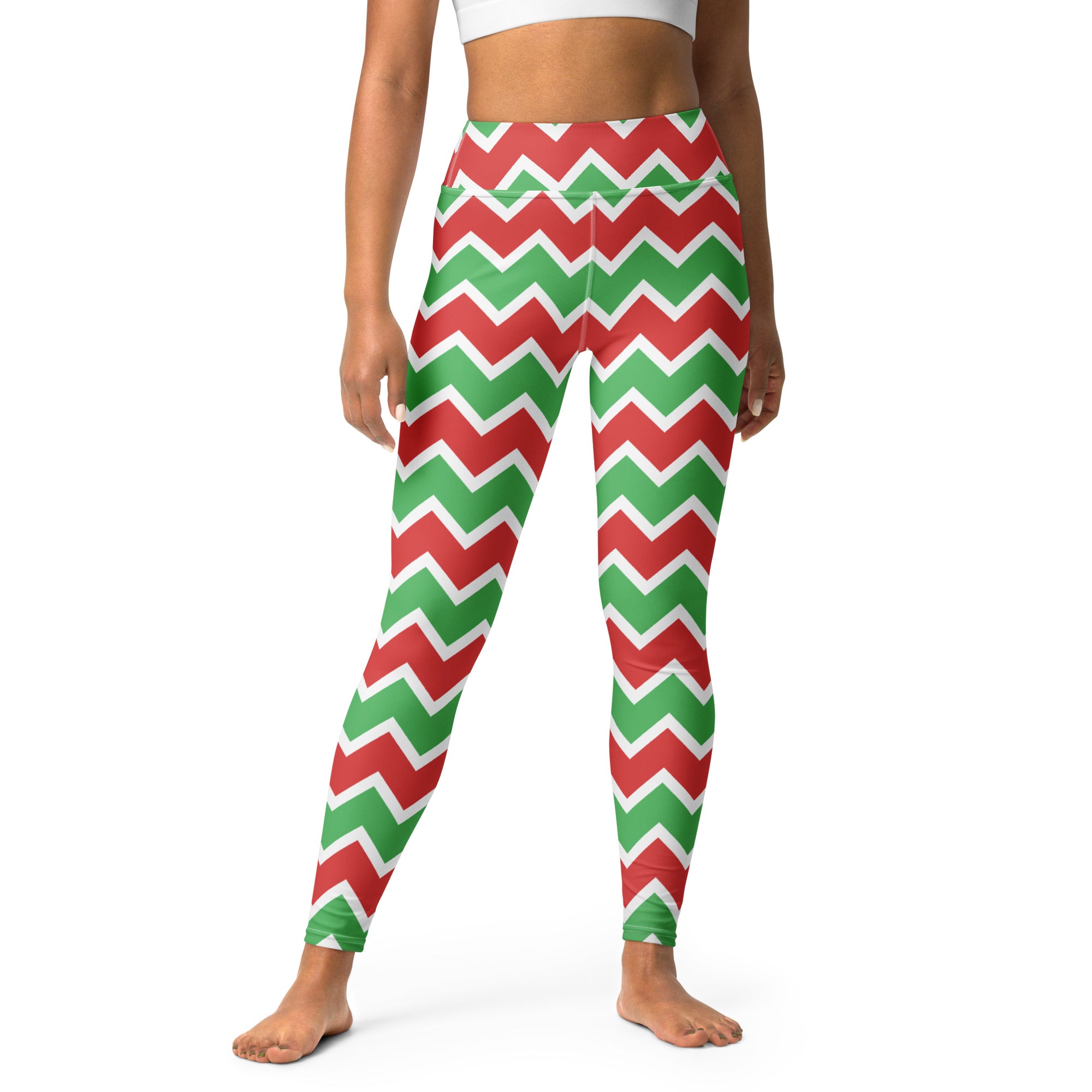 Women’s chevron christmas buttery soft high-waisted yoga leggings in red and green patterned design