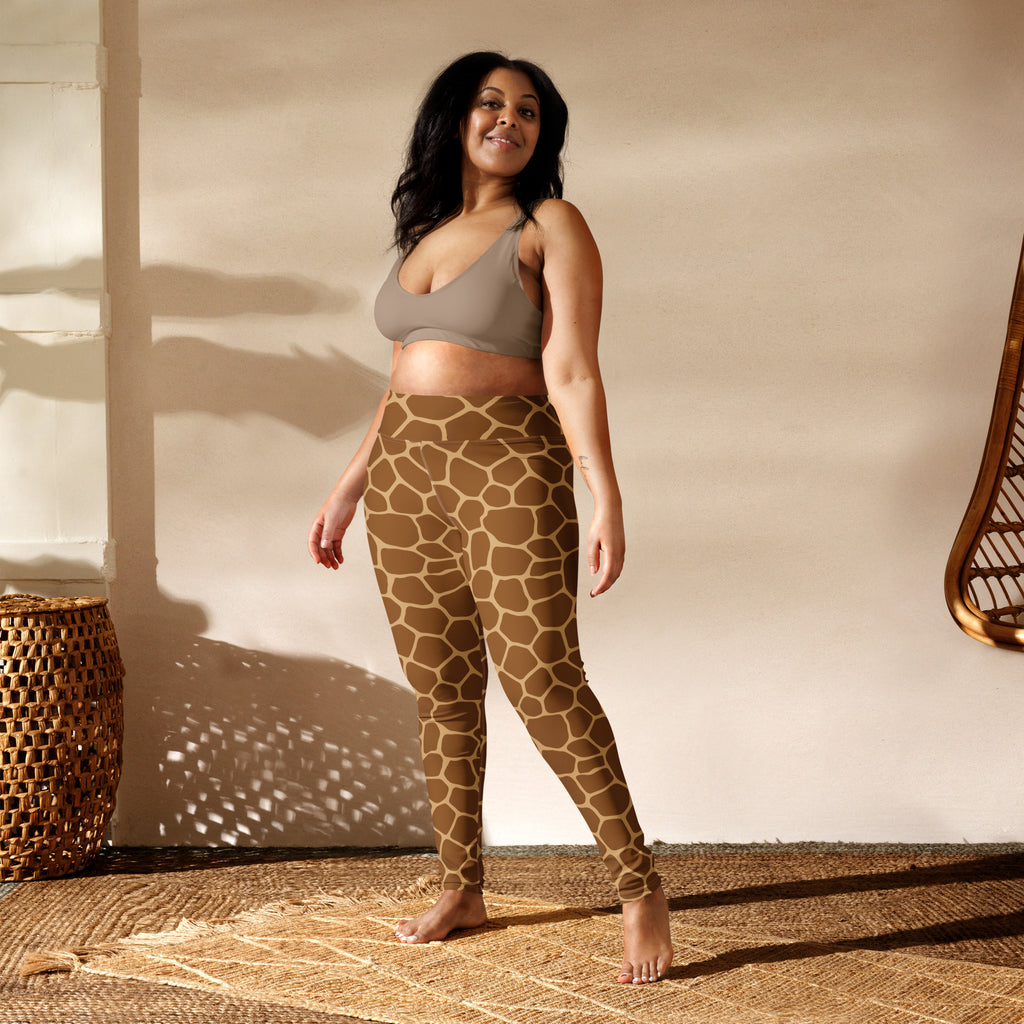 Brown giraffe print high waisted buttery soft yoga leggings for women shown from the back side