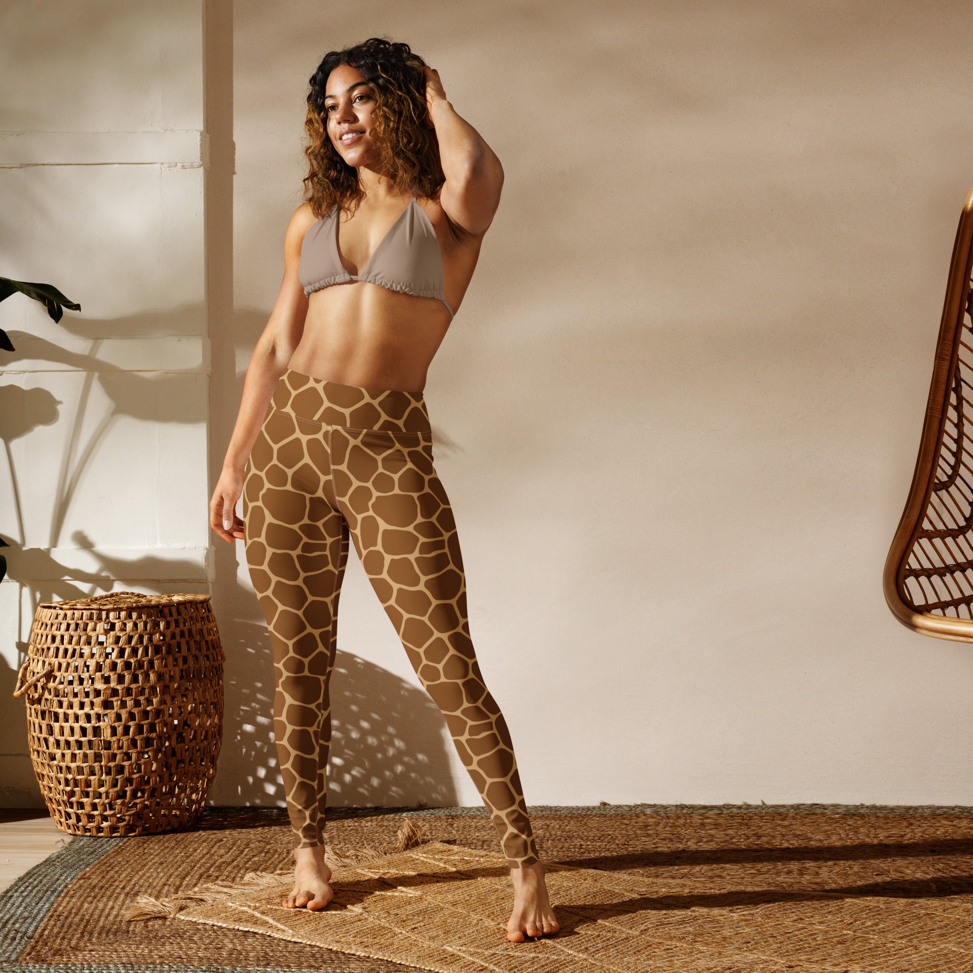 Women’s giraffe print buttery soft yoga leggings in brown and beige high waisted design