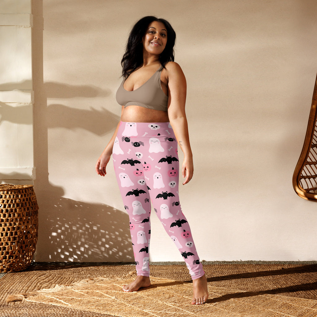 Women’s cute ghost and bats pink buttery soft yoga leggings with playful white ghosts black bats and spider pattern