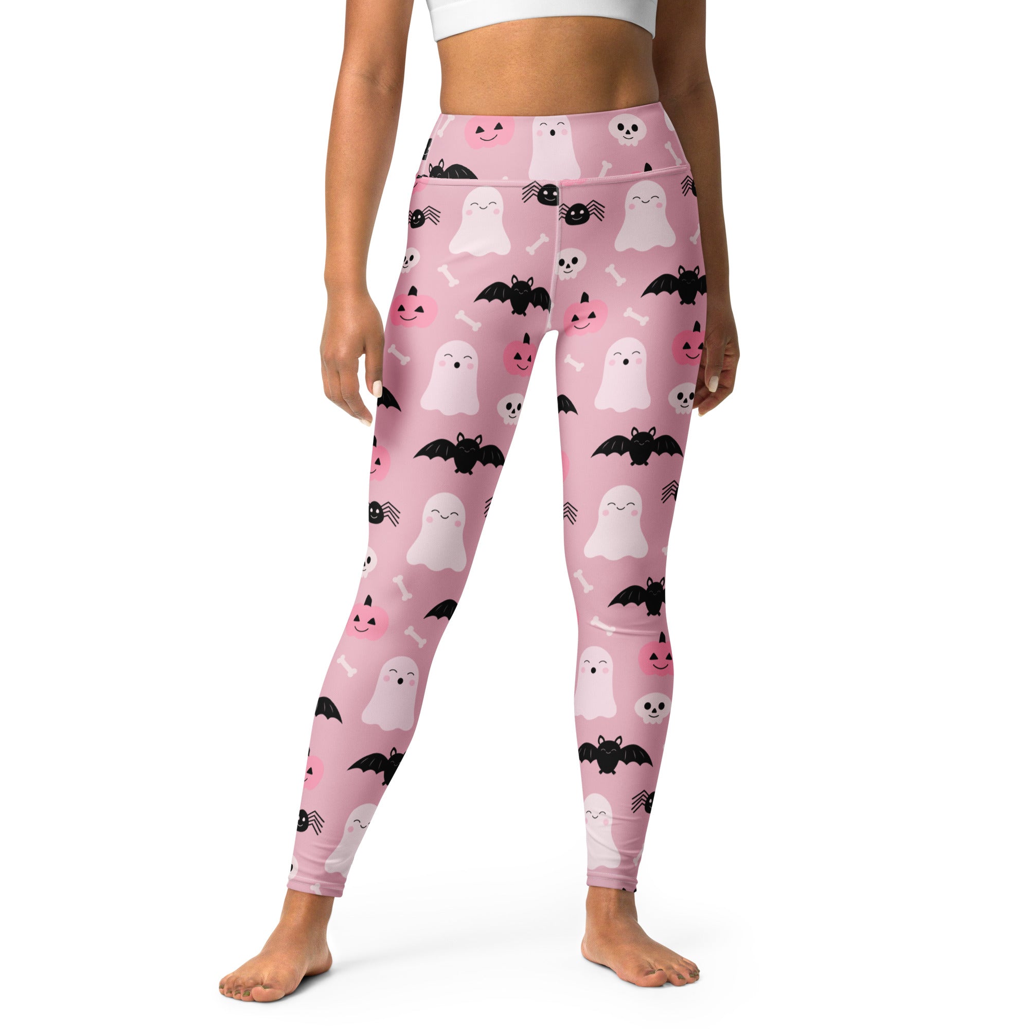 Women’s cute ghost and bats pink Halloween high-waisted buttery soft yoga leggings with playful ghosts and pumpkins pattern