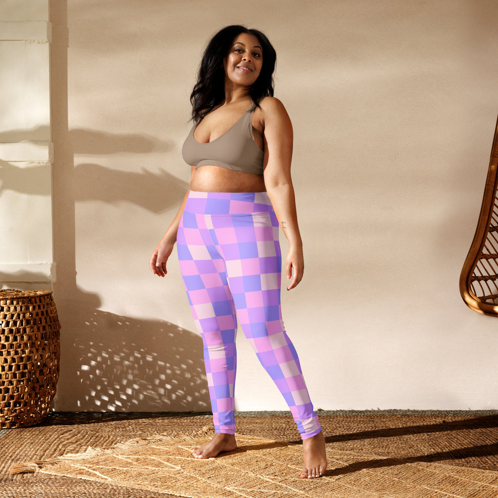 Women’s purple checkerboard buttery soft yoga leggings in purple and light purple checkered pattern