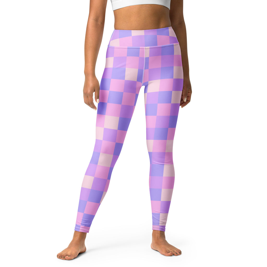 Women’s purple and pink checkered high-waisted buttery soft yoga leggings shown from the back side