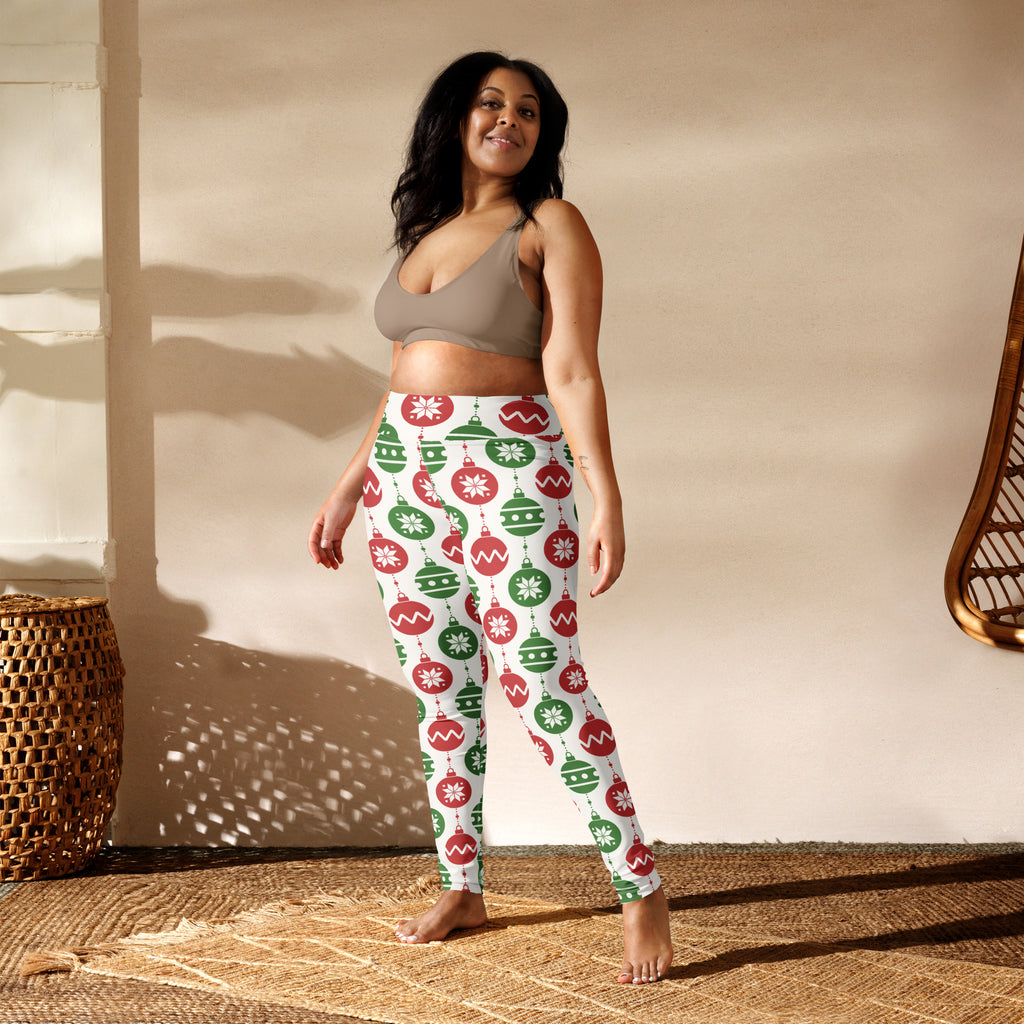 Women’s buttery soft white leggings with festive red and green christmas ornament and snowflake pattern